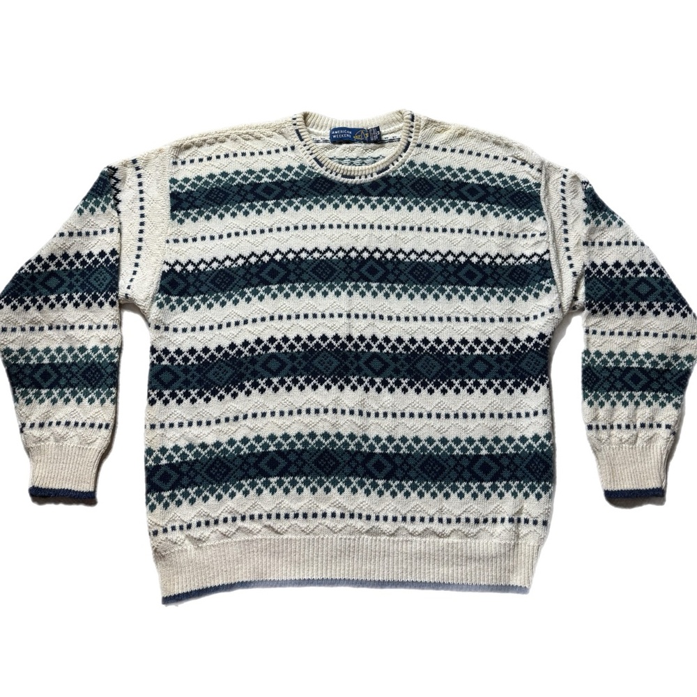 VTG 90s Men’s Fair Isle Cream American Weekend Heritage Cotton Sweater M USA